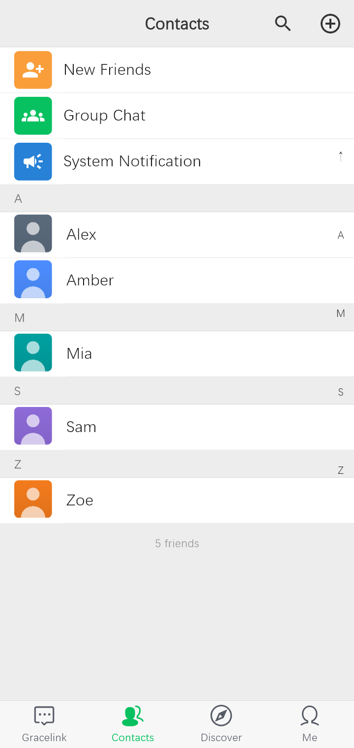 Gracelink contacts: new friends, group chats, notifications, A–Z friends