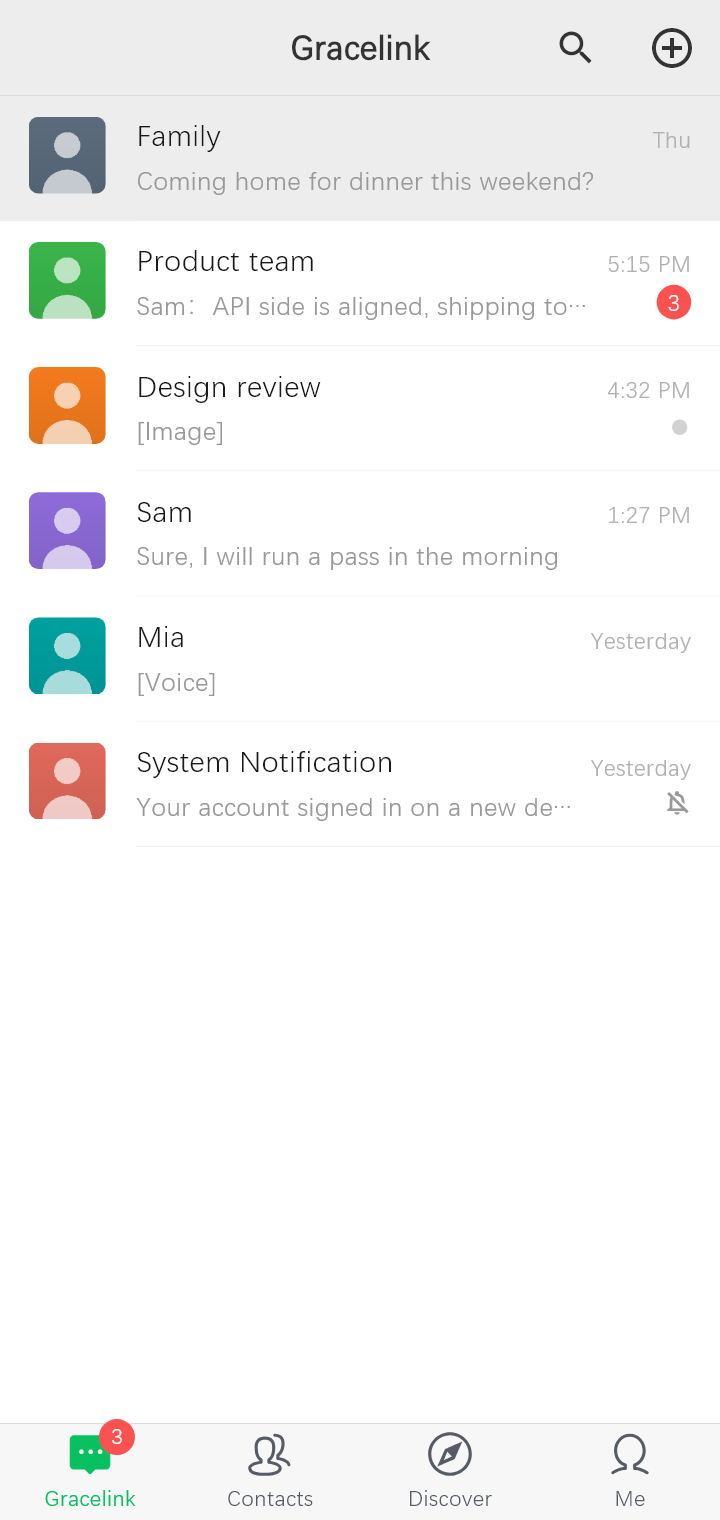 Gracelink conversation list: pinned group, unread badges, muted rows